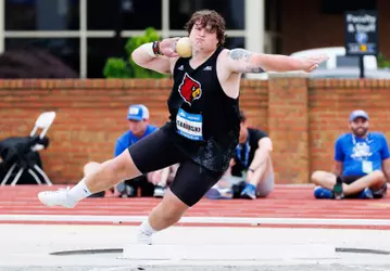 Johnny Sabinski throws shot put at the 2025 ACC Outdoor Championships