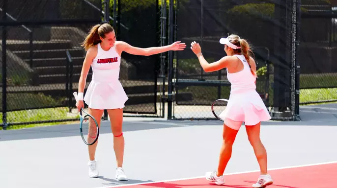 Berta Miret and Elena Noguero celebrate after winning a difficult point during the match against Austin Peay at the Bass-Rudd Tennis Center on April 11th, 2026.