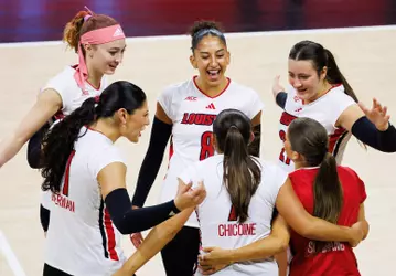 Louisville volleyball celebrates during spring match vs Tennessee