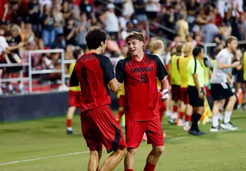 Giacomo Zizza and Andres Escudero celebrate during the game against Indiana at the Dr. Mark and Cindy Lynn Stadium on August 31st, 2026.