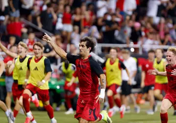 Andres Escudero celebrates after scoring the first goal during the game against Indiana at the Dr. Mark and Cindy Lynn Stadium on August 31st, 2026.