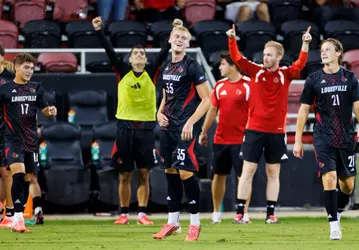 Cooper Olson celebrates a goal during the game against Belmont at the Dr. Mark and Cindy Lynn Stadium on September 21st, 2026.
