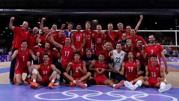 PARIS, FRANCE - AUGUST 09: Team United States athletes pose for a photo after winning a Men's Bronze Medal Match between Team Italy and Team United States on day fourteen of the Olympic Games Paris 2024 at Paris Arena on August 09, 2024 in Paris, France. (Photo by Buda Mendes/Getty Images)