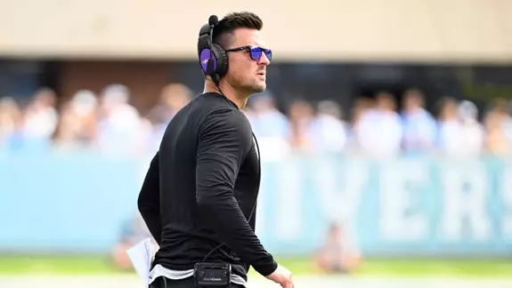 Sep 21, 2024; Chapel Hill, North Carolina, USA; James Madison Dukes head coach Bob Chesney on the sidelines in the second quarter at Kenan Memorial Stadium. Mandatory Credit: Bob Donnan-Imagn Images