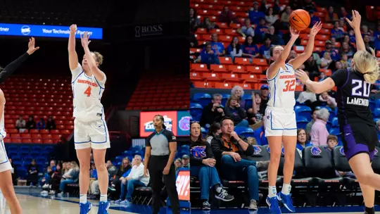 Dani Bayes (left) and Natalie Pasco (right) shooting 3-pointers