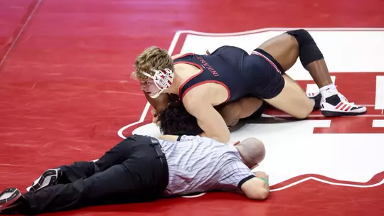 BLOOMINGTON, IN - November 10, 2023 - Gabe Sollars during the meet between the Rider Broncs and the Indiana Hoosiers at Assembly Hall in Bloomington, IN. Photo By Sammy Nance/Indiana Athletics