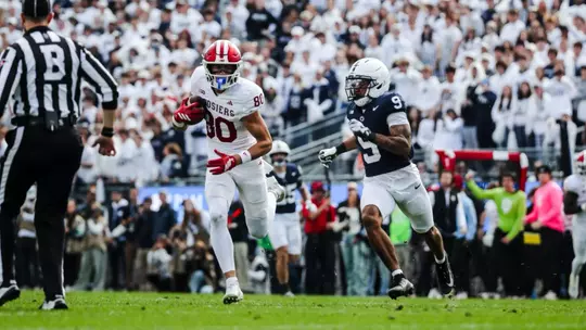 STATE COLLEGE, PA - November 08, 2025 - wide receiver Charlie Becker #80 of the Indiana Hoosiers during the game between the Penn State Nittany Lions and the Indiana Hoosiers at West Shore Home Field at Beaver Stadium in State College, PA. Photo By Luke Miller/Indiana Athletics