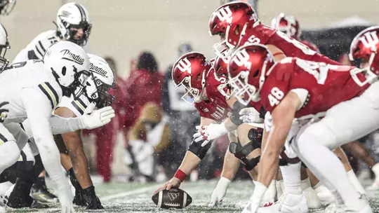 BLOOMINGTON, IN - November 30, 2024 - offensive lineman Mike Katic #56 of the Indiana Hoosiers during the game between the Purdue Boilermakers and the Indiana Hoosiers at Memorial Stadium in Bloomington, Indiana. Photo By Dani Meersman/Indiana Athletics
