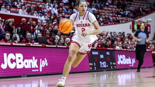 BLOOMINGTON, IN - January 01, 2026 - guard Nevaeh Caffey #2 of the Indiana Hoosiers during the game between the Michigan State Spartans and the Indiana Hoosiers at Simon Skjodt Assembly Hall in Bloomington, IN. Photo By Maddi Sponsel/Indiana Athletics