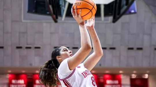 BLOOMINGTON, IN - January 01, 2026 - forward Edessa Noyan #8 of the Indiana Hoosiers Women's Basketball team during the game between the Michigan State Spartans and the Indiana Hoosiers at Simon Skjodt Assembly Hall in Bloomington, IN. Photo By Maddi Sponsel/Indiana Athletics