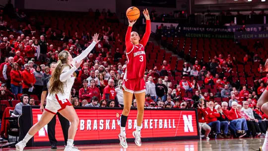 LINCOLN, NE - January 8, 2026 - forward Maya Makalusky #3 of the Indiana Hoosiers during the game between the Nebraska Cornhuskers and the Indiana Hoosiers at the Pinnacle Bank Arena in Lincoln, NE Photo By Maddi Sponsel/Indiana Athletics