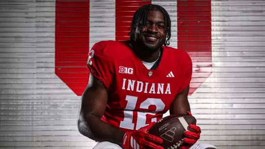 BLOOMINGTON, IN - June 24, 2026 - defensive lineman Tobi Osunsanmi #12 of the Indiana Hoosiers during Football Production Week at John Mellencamp Pavilion in Bloomington, IN. Photo By Mason Munn/Indiana Athletics