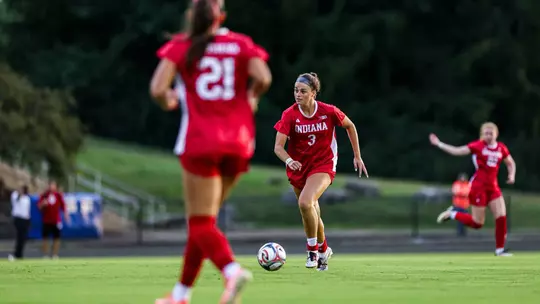 BLOOMINGTON, IN - August 12, 2026 - defender Annabelle "Bella" Haggerty #3 of the Indiana Hoosiers during the game between the Hampton Pirates and the Indiana Hoosiers at Bill Armstrong Stadium in Bloomington, IN. Photo By Mason Munn/Indiana Athletics