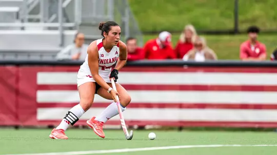 BLOOMINGTON, IN - October 11, 2026- midfielder Inés Garcia Prado #34 of the Indiana Hoosiers during the game between the Ohio University Bobcats and the Indiana Hoosiers at Deborah Tobias Field in Bloomington, IN. Photo By Sophia Kaplan/ Indiana Athletics