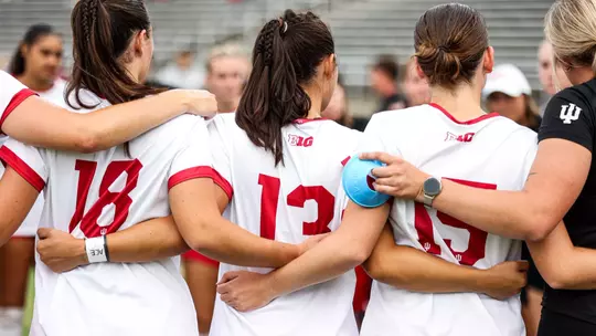 BLOOMINGTON, IN - August 21, 2025 - Midfielder Krista Murphy #18 of the Indiana Hoosiers, Midfielder Paige Droner #13 of the Indiana Hoosiers and Defender Mary Kate Sullivan #15 of the Indiana Hoosiers after the game between the Ball State Cardinals and the Indiana Hoosiers at Bill Armstrong Stadium in Bloomington, IN. Photo By Emma Pearce/Indiana Athletics