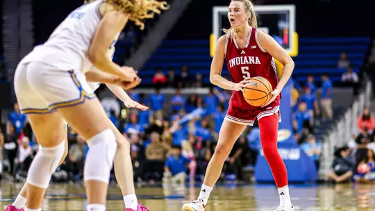 LOS ANGELES, CA - February 15, 2026 - guard Lenée Beaumont #5 of the Indiana Hoosiers during the game between the UCLA Bruins and the Indiana Hoosiers at Pauley Pavillion in Los Angeles, CA. Photo By Maddi Sponsel/Indiana Athletics