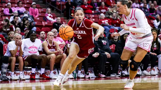 MADISON, WI - February 4, 2026 - guard Nevaeh Caffey #2 of the Indiana Hoosiers during the game between the Wisconsin Badgers and the Indiana Hoosiers at Kohl Center in Madison, WI. Photo By Maddi Sponsel/Indiana Athletics
