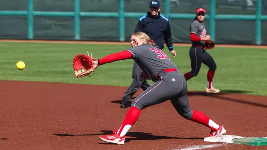 BLOOMINGTON, IN - March 14, 2026 - catcher/infielder #30 Josie Bird of the Indiana Hoosiers during the game between the Rutgers Scarlet Knights and the Indiana Hoosiers at Andy Mohr Field in Bloomington, IN. Photo By Spencer Meyer/Indiana Athletics