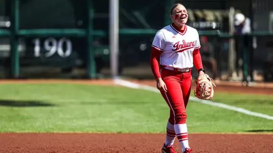 BLOOMINGTON, IN - March 28, 2026 - catcher/infielder #30 Josie Bird of the Indiana Hoosiers during the game between the Detroit Mercy Titans and the Indiana Hoosiers at Andy Mohr Field in Bloomington, IN. Photo By Benjamin Harper/Indiana Athletics