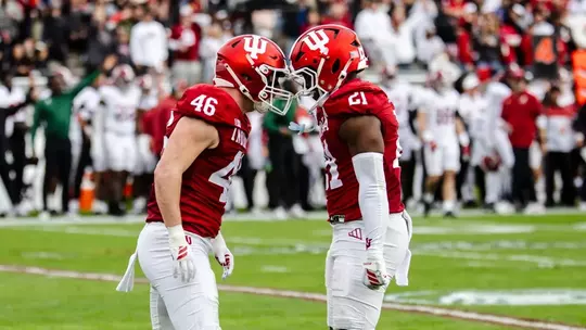 PASADENA, CA - December 30, 2025 - linebacker Isaiah Jones #46 of the Indiana Hoosiers and linebacker Rolijah Hardy #21 of the Indiana Hoosiers during the Rose Bowl between the Alabama Crimson Tide and the Indiana Hoosiers at the Rose Bowl Stadium in Pasadena, CA. Photo By Luke Miller/Indiana Athletics