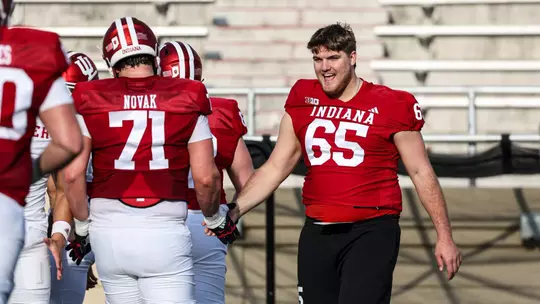 BLOOMINGTON, IN - March 31, 2026 - offensive lineman Carter Smith #65 of the Indiana Hoosiers during practice at Merchants Bank Field at Memorial Stadium in Bloomington, IN. Photo By Dani Meersman/Indiana Athletics