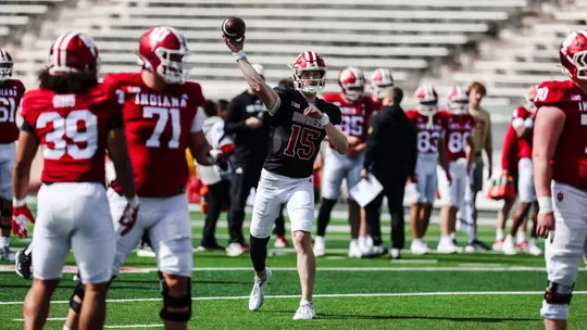 BLOOMINGTON, IN - April 11, 2026 - quarterback Tyler Cherry #15 of the Indiana Hoosiers during practice at Merchants Bank Field at Memorial Stadium in Bloomington, IN. Photo By Luke Miller/Indiana Athletics