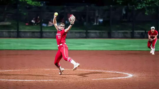 BLOOMINGTON, IN - April 15, 2026 - pitcher Ella Troutt #77 of the Indiana Hoosiers during the game between the Louisville Cardinals and the Indiana Hoosiers at Don Dobina Field at Ulmer Stadium. Photo By Emma Pearce/Indiana Athletics