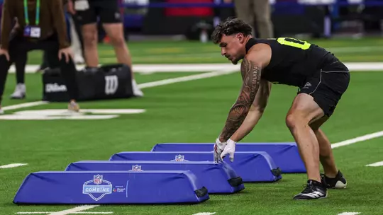 INDIANAPOLIS, IN - February 26, 2026 - linebacker Aiden Fisher #4 of the Indiana Hoosiers during the NFL Combine at Lucas Oil Stadium in Indianapolis, IN. Photo By Dani Meersman/Indiana Athletics