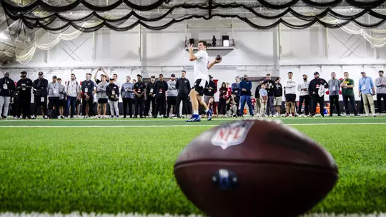 BLOOMINGTON, IN - April 01, 2026 - quarterback Fernando Mendoza #15 of the Indiana Hoosiers during Pro Day at John Mellencamp Pavillion in Bloomington, IN Photo By Luke Miller/Indiana Athletics