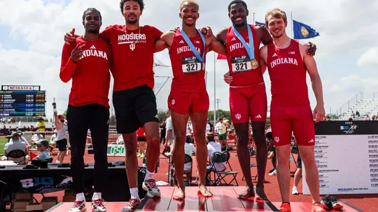 LINCOLN, NE - May 17, 2026 - Lee Martin, Alex Smith, John Colquitt, Trelee Banks, and Tyler Carrel during the 2026 Big Ten Men's and Women's Outdoor Track & Field Championships in Lincoln, NE. Photo By Peter Davis/Indiana Athletics
