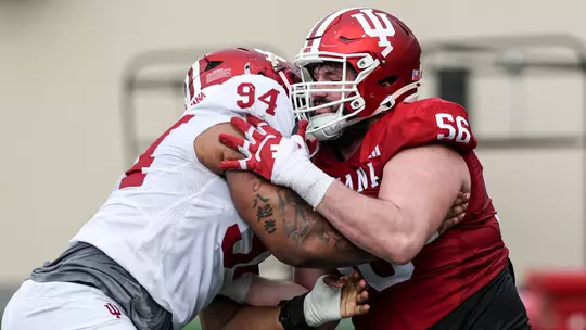BLOOMINGTON, IN - April 02, 2026 - offensive lineman Joe Brunner #56 of the Indiana Hoosiers during practice at Merchants Bank Field at Memorial Stadium in Bloomington, IN. Photo By Dani Meersman/Indiana Athletics
