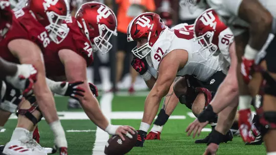 BLOOMINGTON, IN - March 26, 2026 - defensive lineman Mario Landino #97 of the Indiana Hoosiers during spring practice at John Mellencamp Pavillion in Bloomington, IN. Photo By Dani Meersman/Indiana Athletics