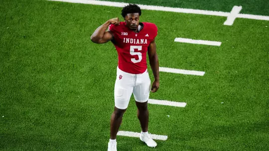 BLOOMINGTON, IN - June 23, 2026 - line backer Rolijah Hardy #5 of the Indiana Hoosiers during football media day at John Mellencamp Pavilion Memorial Stadium in Bloomington, IN. Photo By Dani Meersman/Indiana Athletics