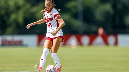 BLOOMINGTON, IN - August 30, 2026 - defender/midfielder Ella Stanley #10 of the Indiana Hoosiers during the game between the Saint Louis Billikens and the Indiana Hoosiers at Bill Armstrong Stadium in Bloomington, IN. Photo By Peter Davis/Indiana Athletics