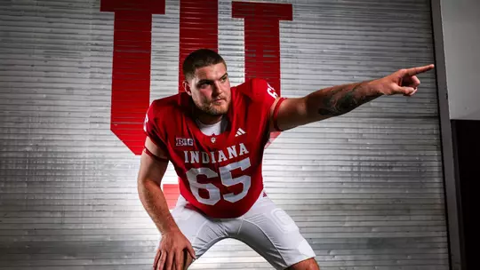 BLOOMINGTON, IN - June 22, 2026 - offensive lineman Carter Smith #65 of the Indiana Hoosiers during production week at John Mellencamp Pavilion in Bloomington, IN. Photo By Kate Petersen/Indiana Athletics