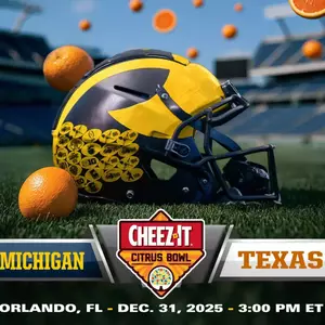 A Michigan football helmet on a field with oranges around it, promoting the Cheez-It Citrus Bowl matchup between Michigan and Texas on December 31, 2025 at 3 p.m.