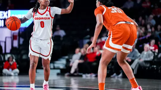 Georgia guard Trinity Turner (0) during Georgia's game against Texas at Stegeman Coliseum in Athens, Ga., on Monday, Feb. 24, 2025. (Tony Walsh/UGAAA)