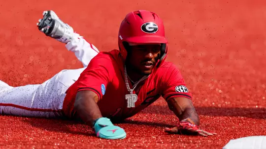 Georgia infielder/outfielder Tre Phelps (1) during Georgia's game against Binghamton during the first round of the NCAA Athens Regional Tournament at Foley Field in Athens, Ga., on Friday, May 30, 2025. (Conor Dillon/UGAAA)