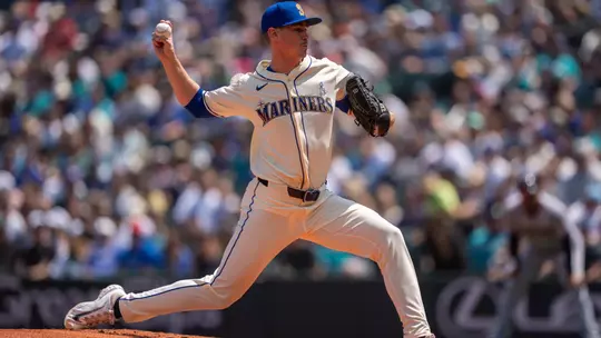 SEATTLE, WA - JUNE 15: Starter Emerson Hancock #26 of the Seattle Mariners delivers a pitch during the second inning of a game against the Cleveland Guardians at T-Mobile Park on June 15, 2025 in Seattle, Washington. (Photo by Stephen Brashear/Getty Images)