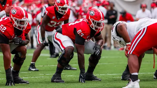 Georgia offensive lineman Dontrell Glover (63) during Georgia's game against Austin Peay at Sanford Stadium in Athens, Ga., on Saturday, Sept. 6, 2025. (Conor Dillon/UGAAA)
