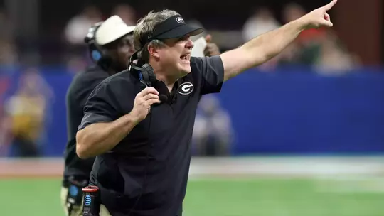 Jan 1, 2026; New Orleans, LA, USA; Georgia Bulldogs head coach Kirby Smart reacts after a play against the Mississippi Rebels in the third quarter during the 2025 Sugar Bowl and quarterfinal game of the College Football Playoff at Caesars Superdome. Mandatory Credit: Stephen Lew-Imagn Images
