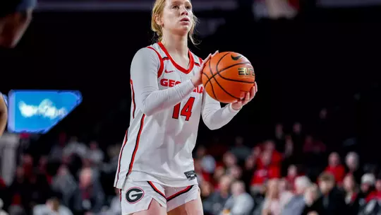 Georgia guard Rylie Theuerkauf (14) during Georgia's game against Ole Miss at Stegeman Coliseum in Athens, Ga., on Sunday, Jan. 18, 2026. (Conor Dillon/UGAAA)