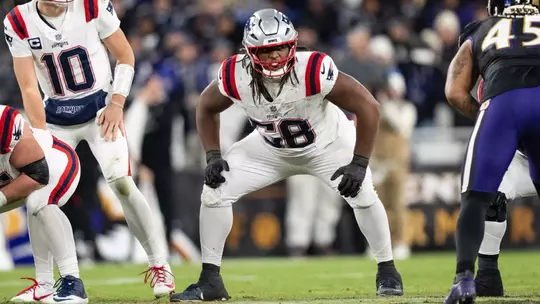 BALTIMORE, MARYLAND - DECEMBER 21: Jared Wilson #58 of the New England Patriots lines up during an NFL football game against the Baltimore Ravens at M&T Bank Stadium on December 21, 2025 in Baltimore, Maryland. (Photo by Michael Owens/Getty Images)