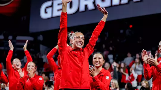 Georgia gymnast Lily Smith after Georgia's quad meet against Temple, Fisk, and Central Michigan at Stegeman Coliseum in Athens, Ga., on Friday, Jan. 30, 2026. (Conor Dillon/UGAAA)