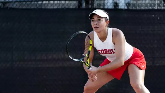 Women's tennis senior Sofia Rojas prepares to return in her match against LSU at the Dan Magill Tennis Complex.