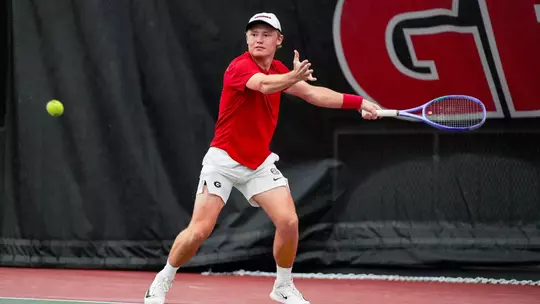 Georgia tennis player Noah Johnston during Georgia's match against Arkansa in the Lindsey Hopkins Indoor at the Dan Magill Tennis Complex in Athens, Ga., on Sunday, March 15, 2026. (Tony Walsh/UGAAA)
