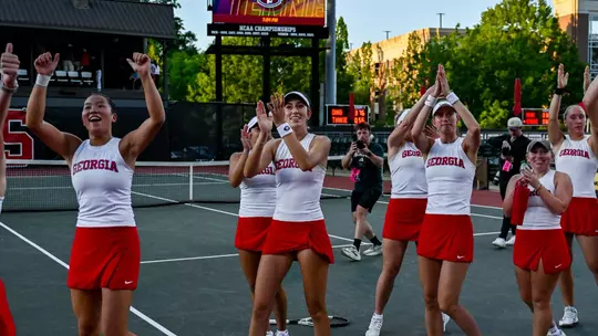 Georgia tennis players after Georgia's match against NC State in the 2026 DI Women's Tennis Championship at the Dan Magill Tennis Complex in Athens, Ga., on Friday, May 15, 2026. (Sofia Yaker/UGAAA)