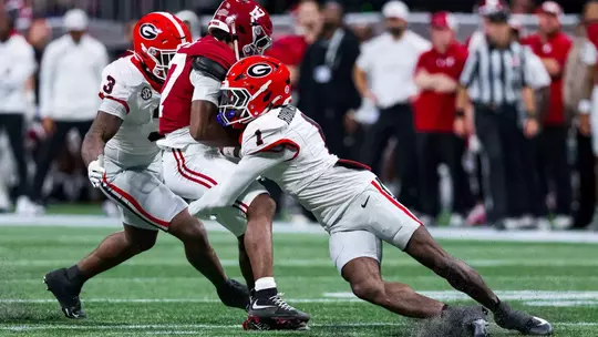 Georgia defensive back Ellis Robinson IV (1) during Georgia's game against Alabama in the 2025 SEC Championship at Mercedes-Benz Stadium Atlanta, Ga., on Saturday, Dec. 6, 2025. (Tony Walsh/UGAAA)