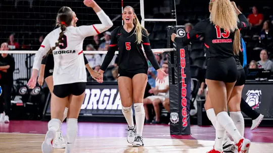 Georgia outside hitter Gigi Artiles (5) during Georgia's match against Furman at Stegeman Coliseum in Athens, Ga., on Saturday, Aug. 29, 2026. (Sofia Yaker/UGAAA)