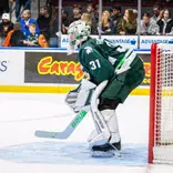 MSUs Joshua Ravensbergen, #31, watches the net on Saturday, Oct. 17, 2026, at Blue Cross Blue Shield Arena. RIT Athletics / Elizabeth Robertson.